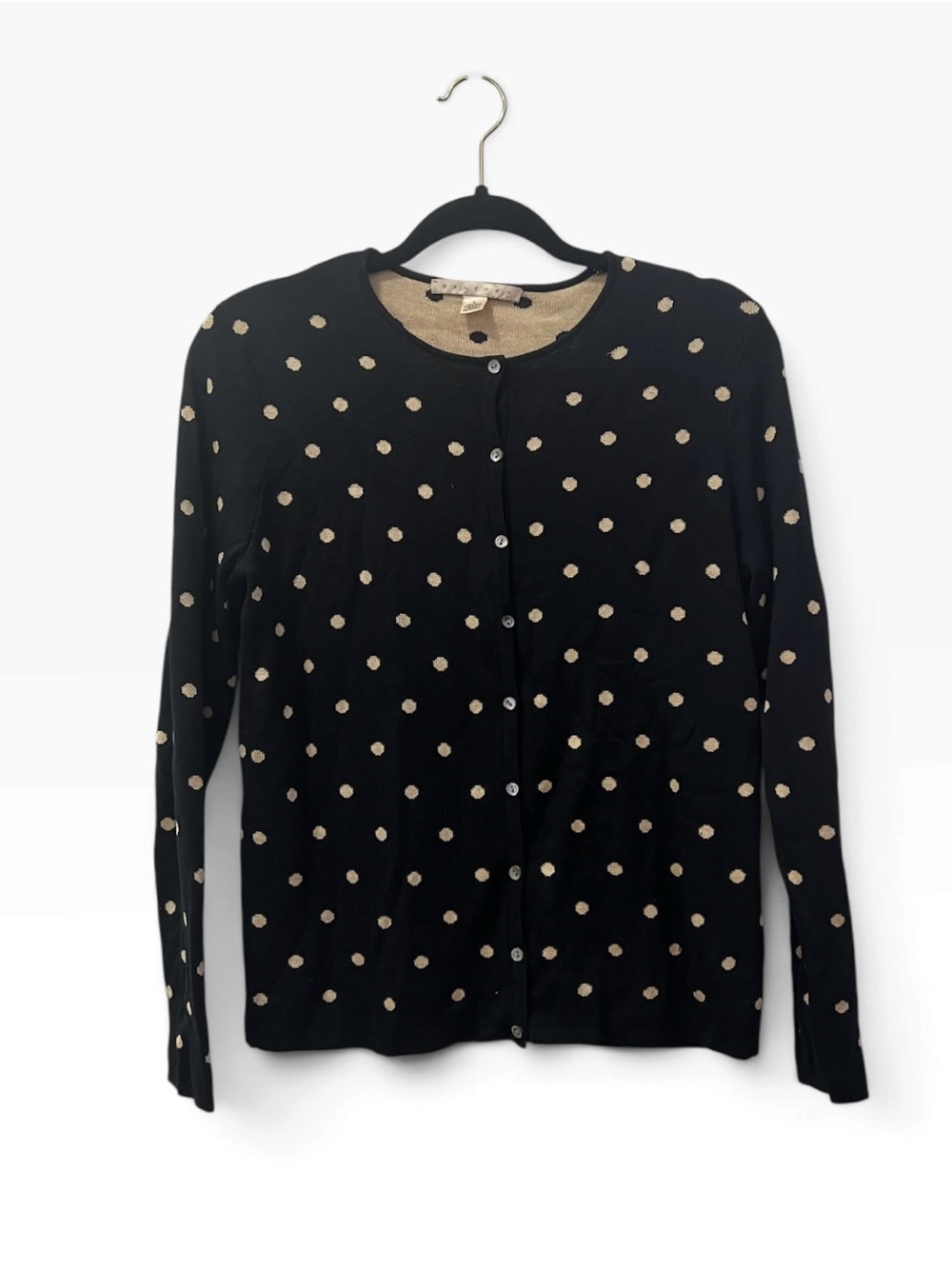 Vintage Belford 100% Silk Knit Polka Dot Cardigan Sweater - Black & Cream, L